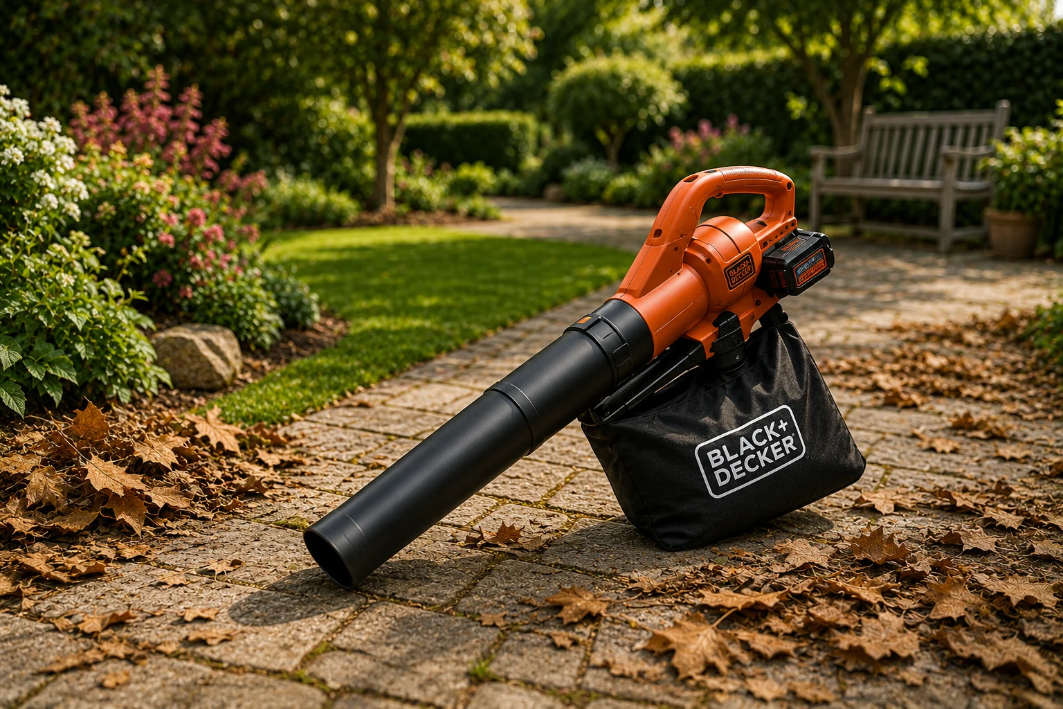 Souffleur de feuilles sur batterie utilisé sur une allée de jardin — à titre illustratif, les modèles présentés sur cette page varient