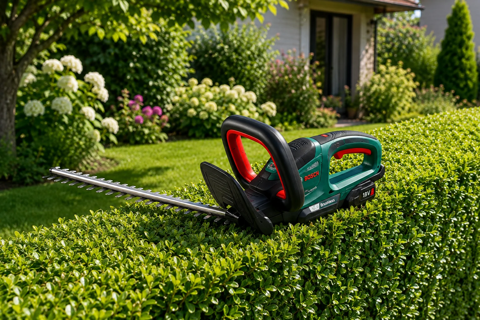 Taille-haie sur batterie utilisé pour tailler une haie de jardin — à titre illustratif, les modèles présentés sur cette page varient