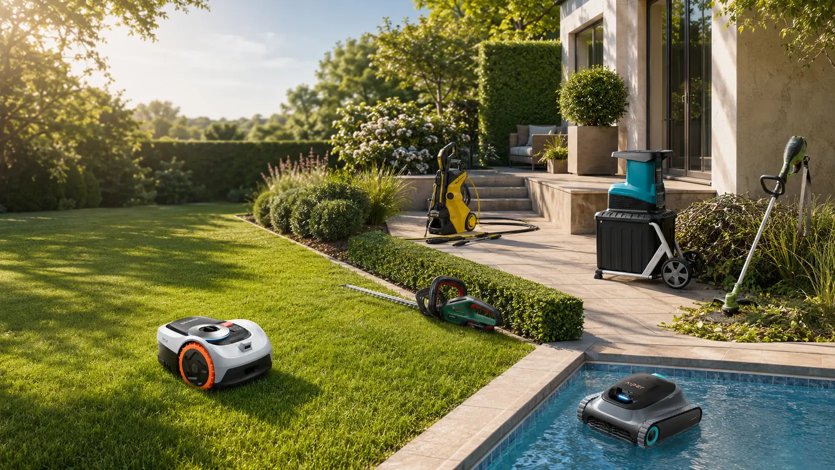 Robot tondeuse, robot de piscine, nettoyeur haute pression, taille-haie et broyeur de végétaux réunis dans un jardin — visuel d’illustration, les modèles présentés varient selon les pages